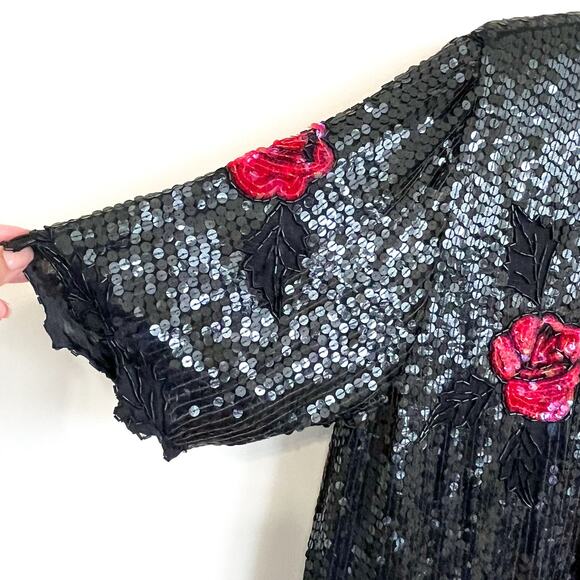 Vintage Y2K Silk Beaded Sequin Women Shirt Size 1X Black Roses Whimsigoth Witchy - Picture 6 of 12